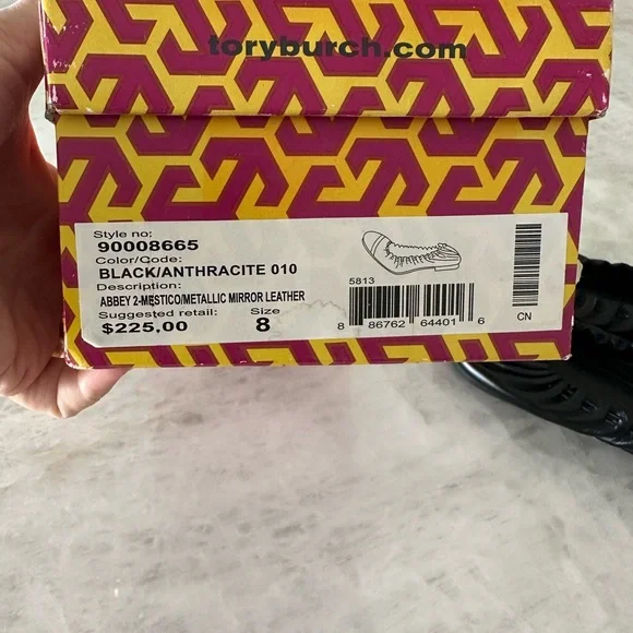 NIB TORY BURCH ABBEY 2 CAP TOE BALLET FLAT SHOES BLACK/ANTHRACITE LEATHER 8 - Picture 7 of 9